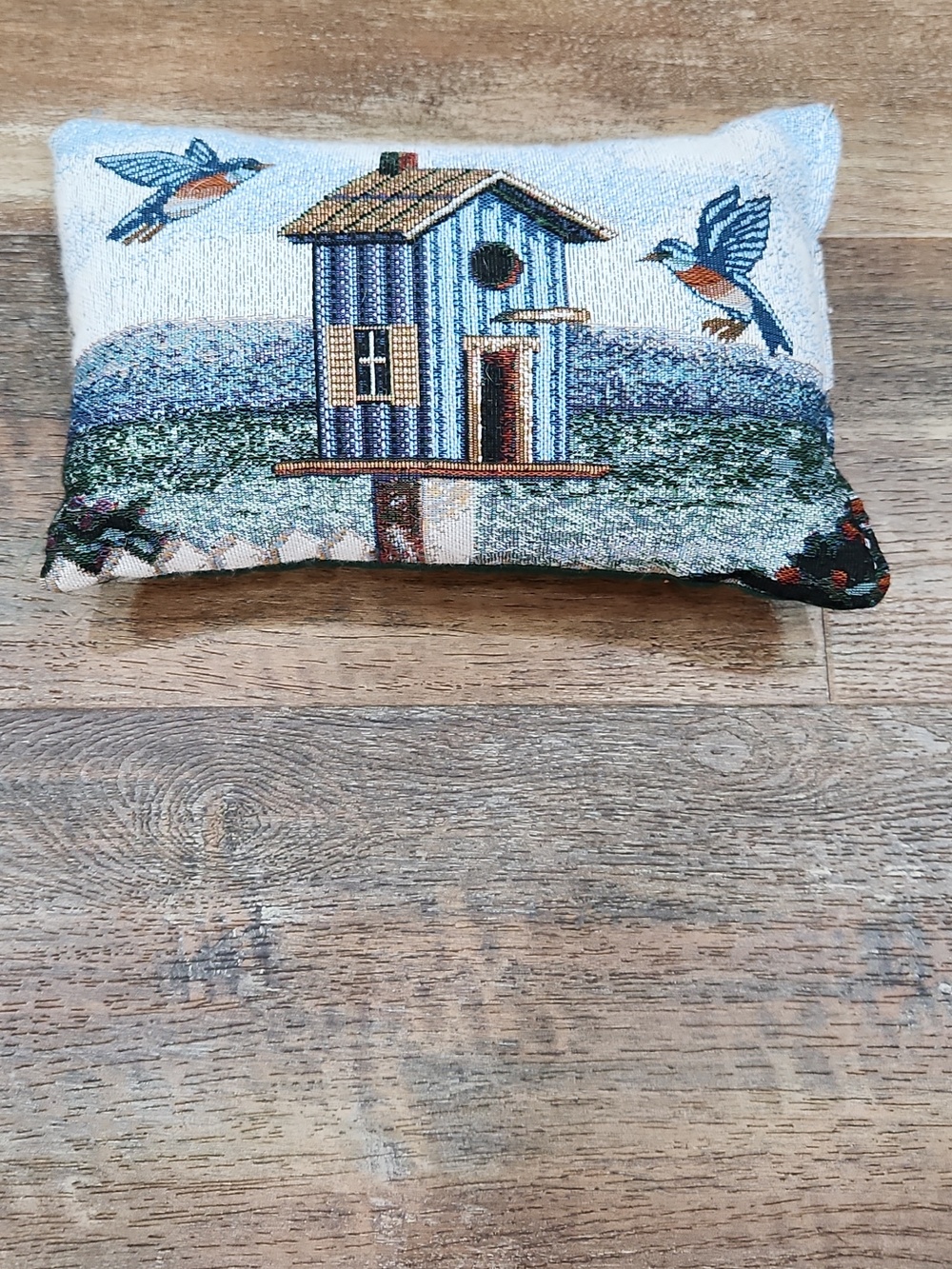 Cottagecore Bluebird Garden Scene Woven Throw Pillow